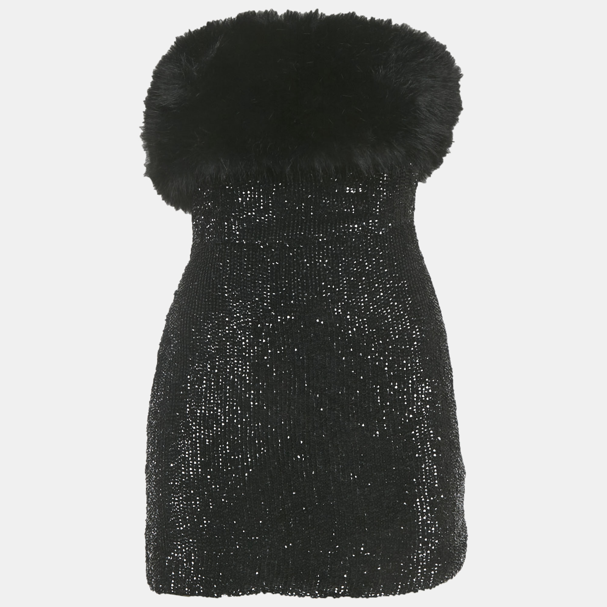 Retrofete Sequins Faux Fur Detail Strapless Mini Dress