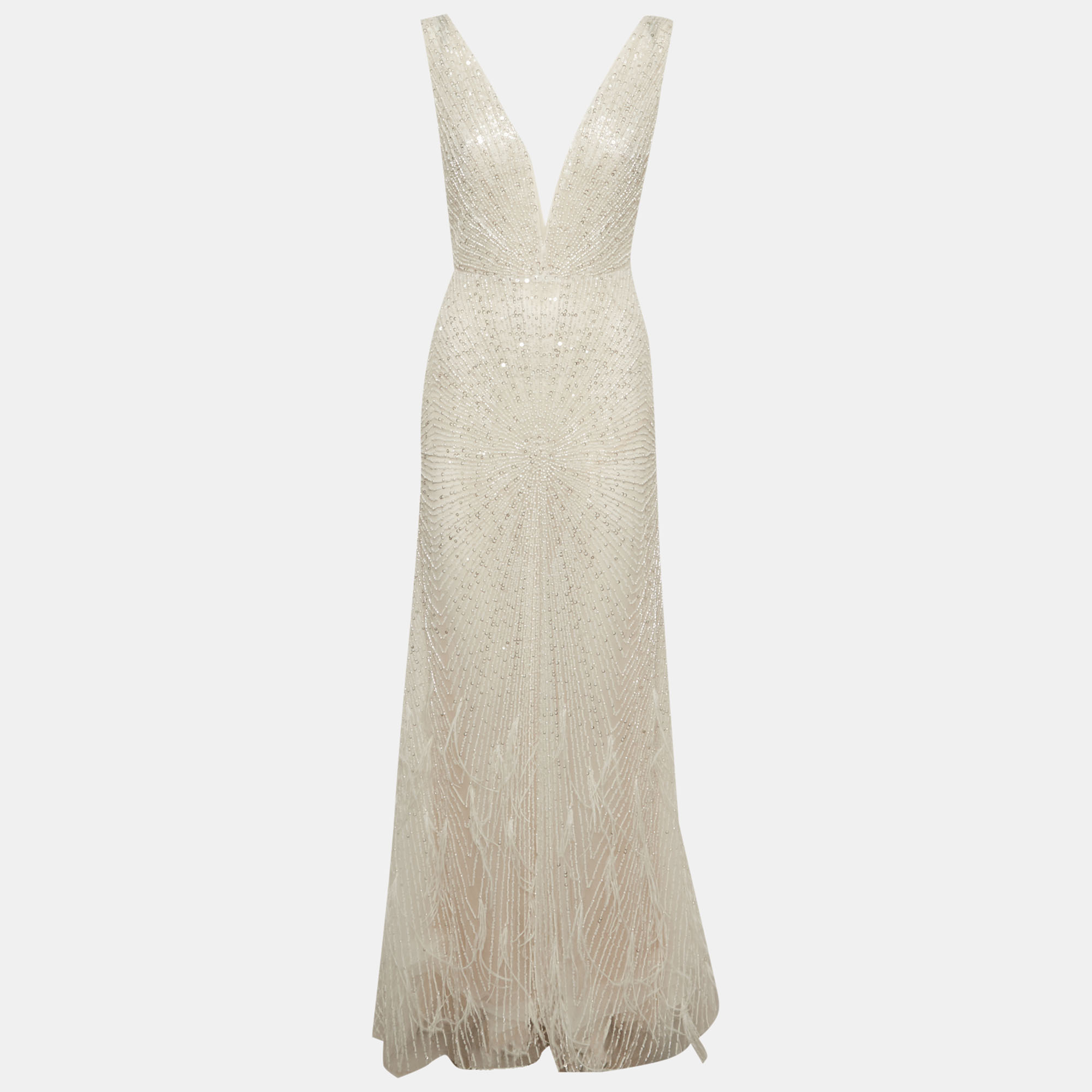 Romanova Atelier White Tulle Embellished Deborah Feathers Mermaid Dress