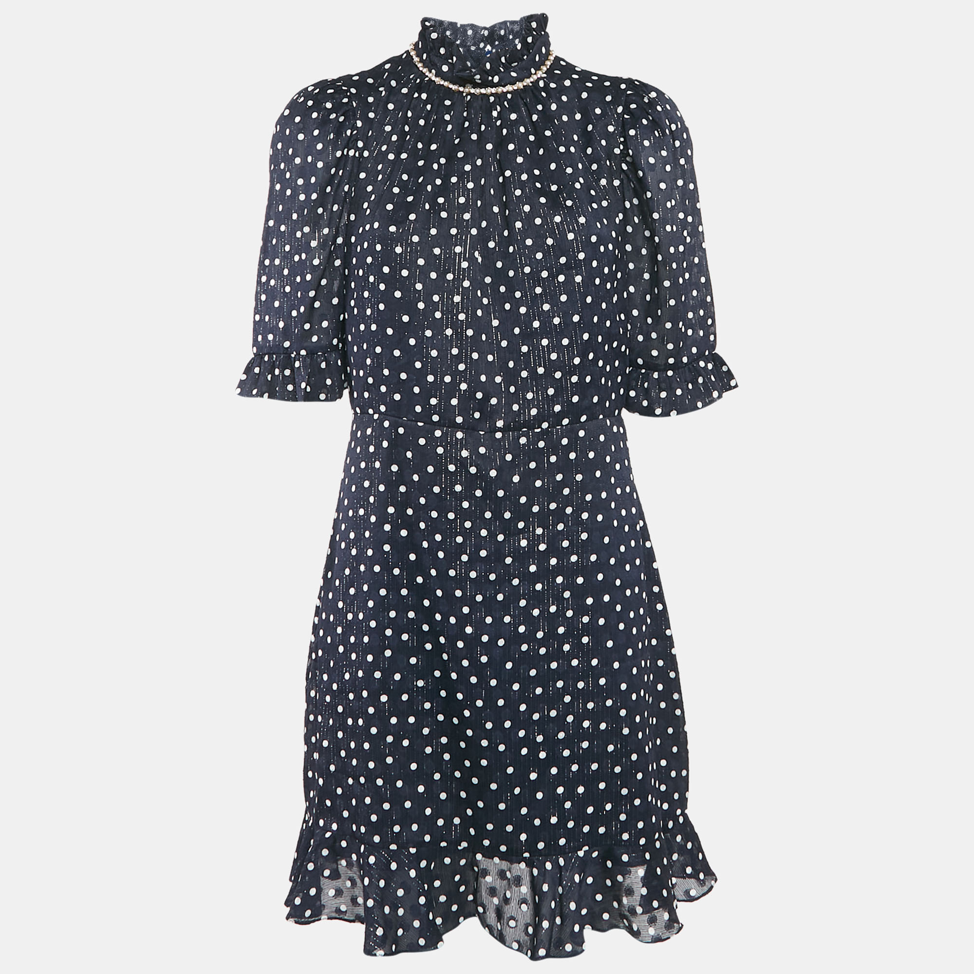 Sandro Navy Blue Polka Dots Lurex Chiffon Short Dress