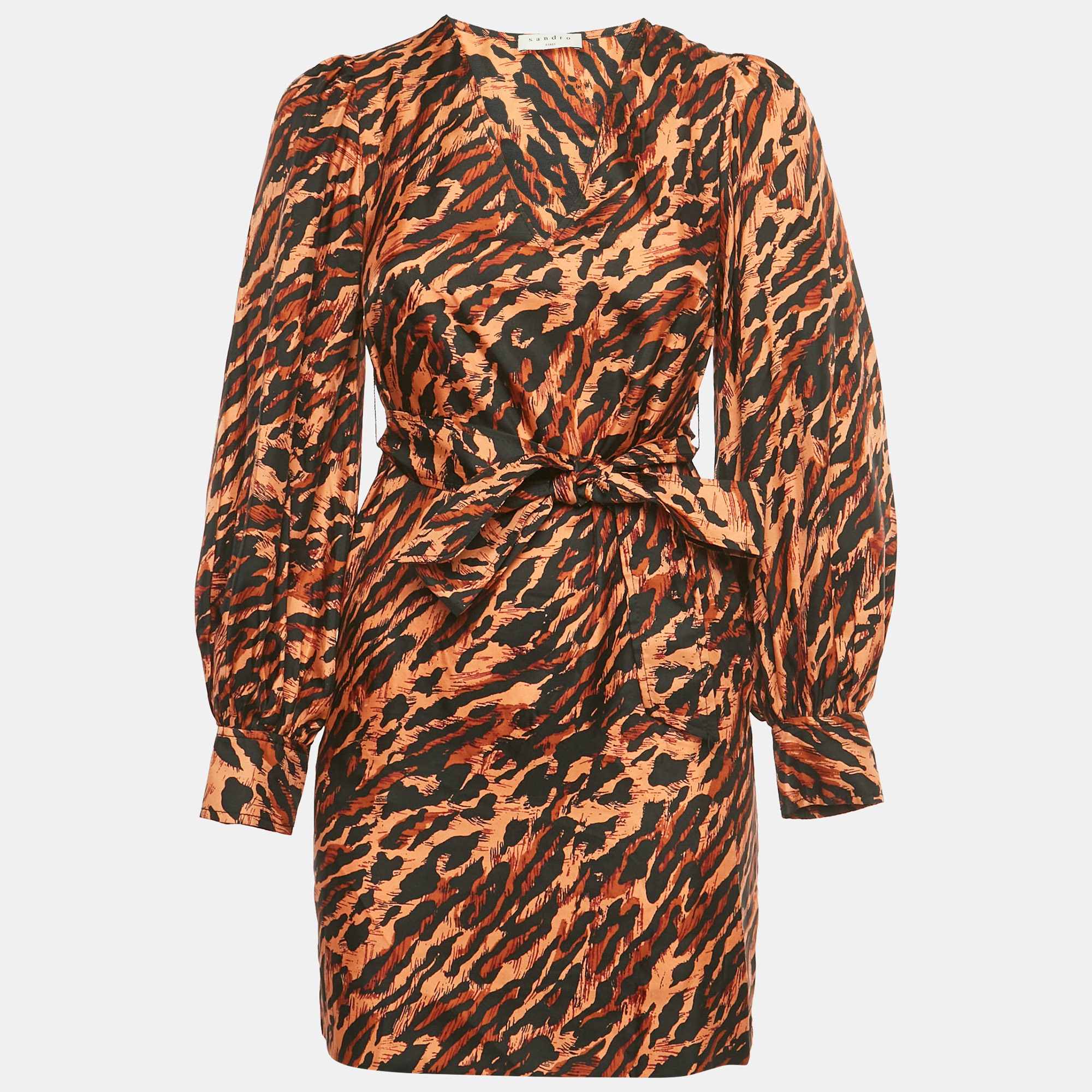 Sandro Brown Black Animal Print Silk Moon Mini Dress