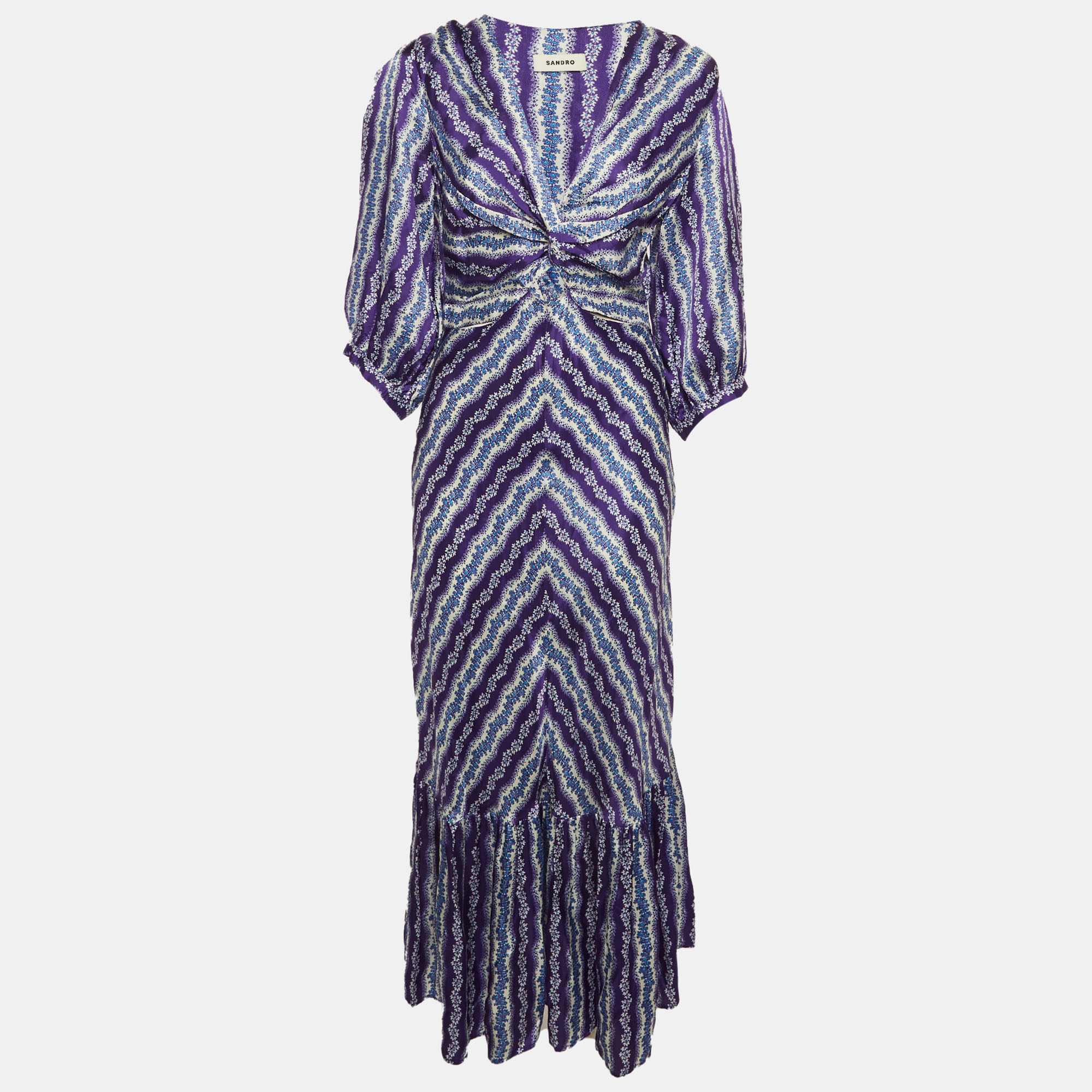 Sandro Purple Floral Stripe Satin Keyhole Brumela Midi Dress