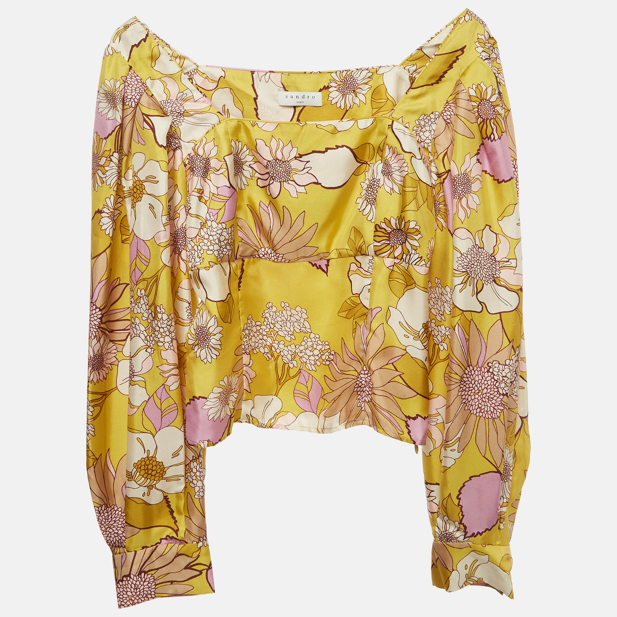 Sandro Yellow Floral Print Satin Square Neck Zip Up Blouse