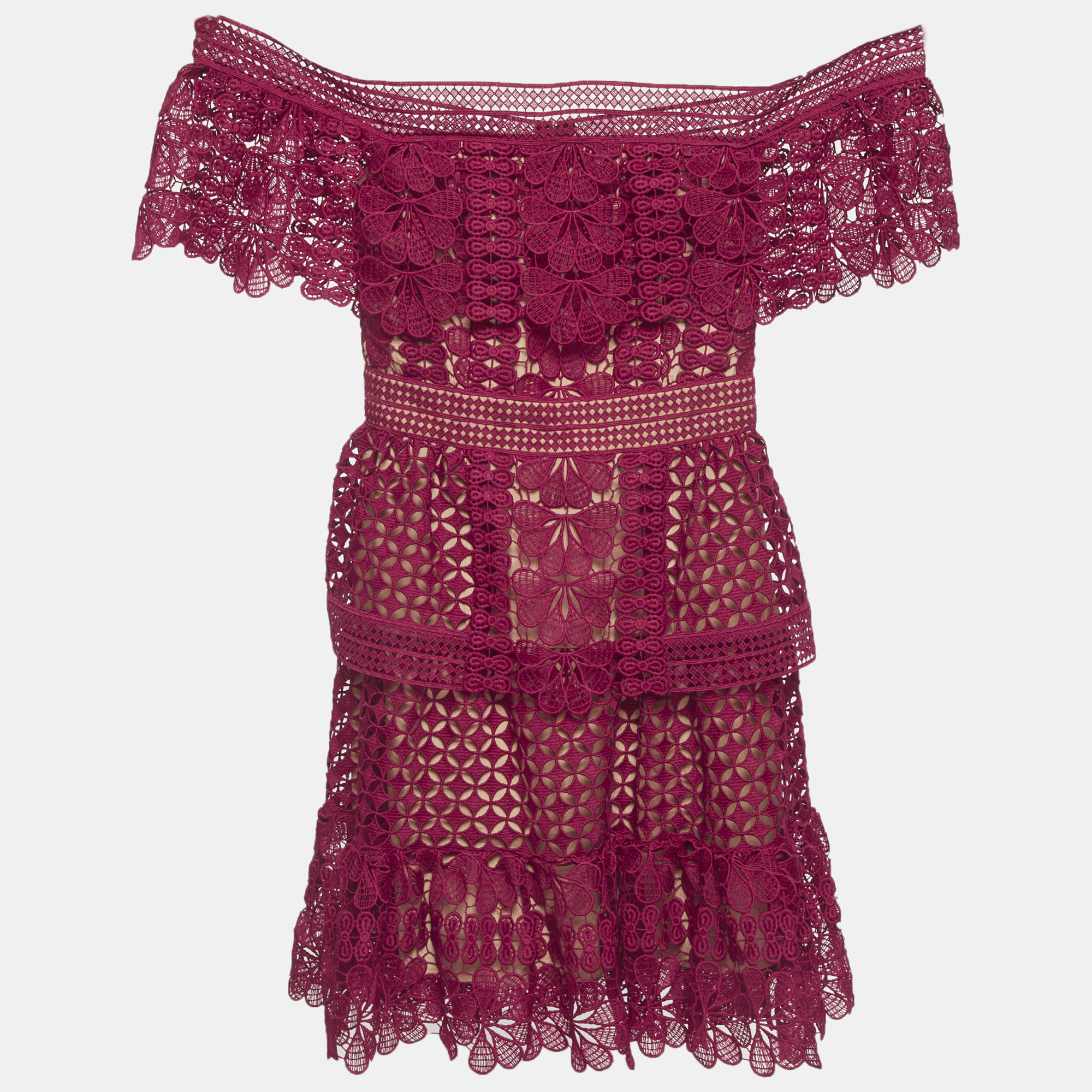 Self-Portrait Burgundy Guipure Lace Off Shoulder Mini Dress