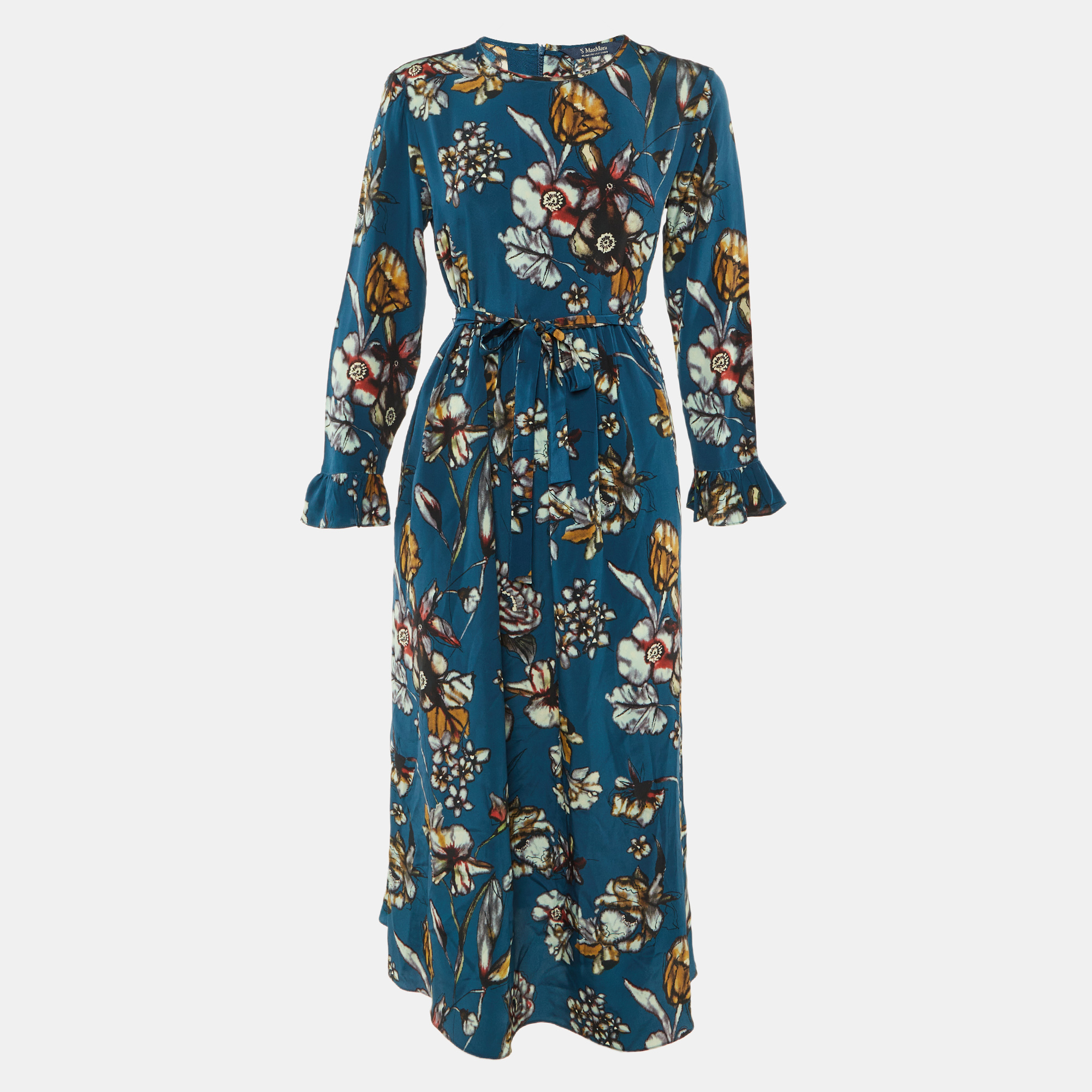 S' Max Mara Teal Blue Floral Print Silk Midi Dress