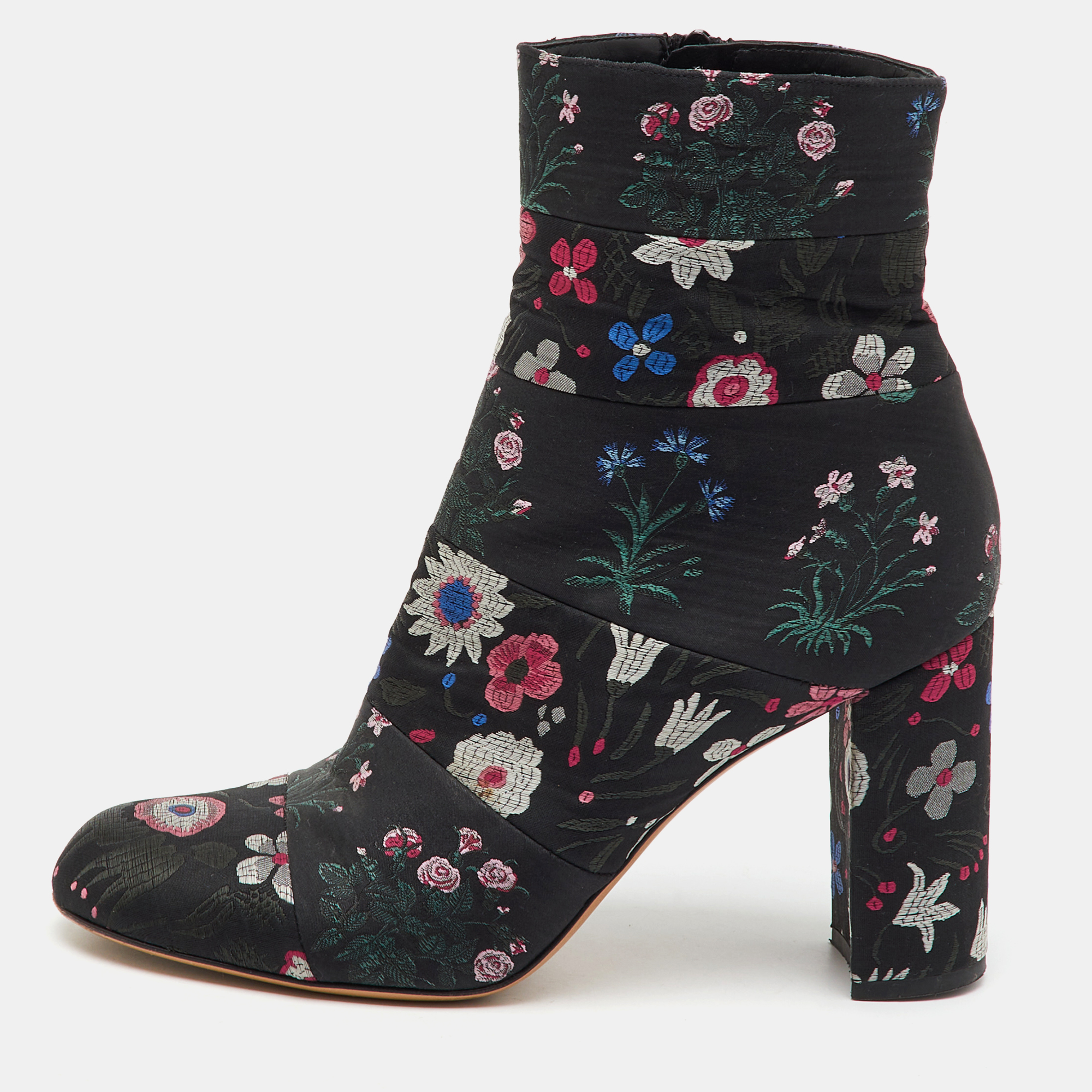 Valentino Black Fabric Floral Print Block Heel Ankle Length Boots