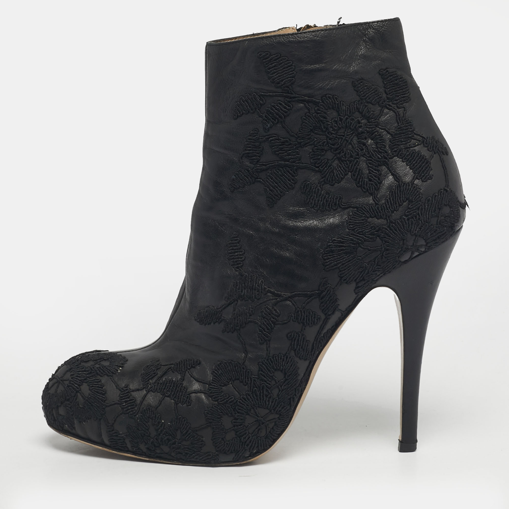 Valentino Black Embroidered Leather Zip Ankle Boots
