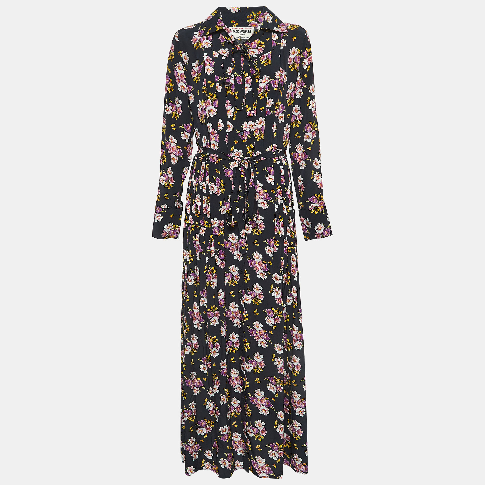 Zadig & Voltaire Black Floral Print Silk Pleated Button Front Maxi Dress