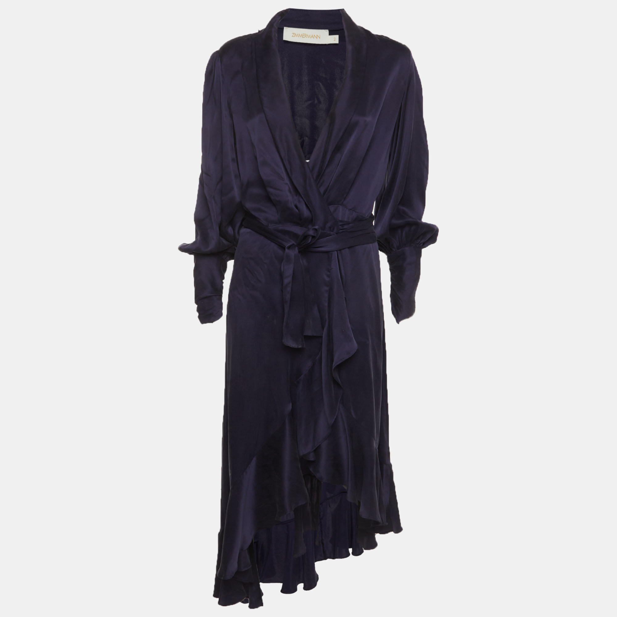 Zimmermann Navy Blue Satin Asymmetric Midi Wrap Dress