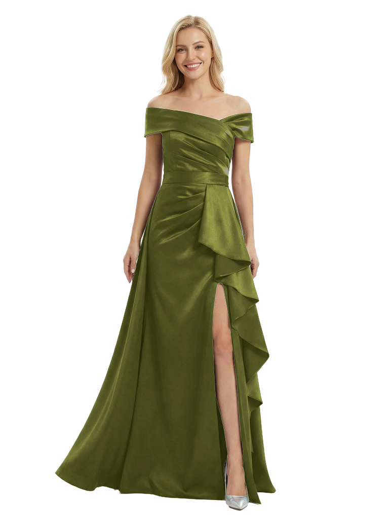 Chicsew Sexy Off Shoulder Side Slit Ruffles Mermaid Satin Mother of The Bride Dress With Train - Olive-green
