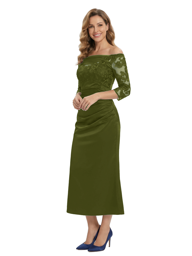 Chicsew Elegant Off Shoulder Lace Mother of The Groom Dress Sleeves Satin Midi Classy Formal Occasion Gown - Olive-green