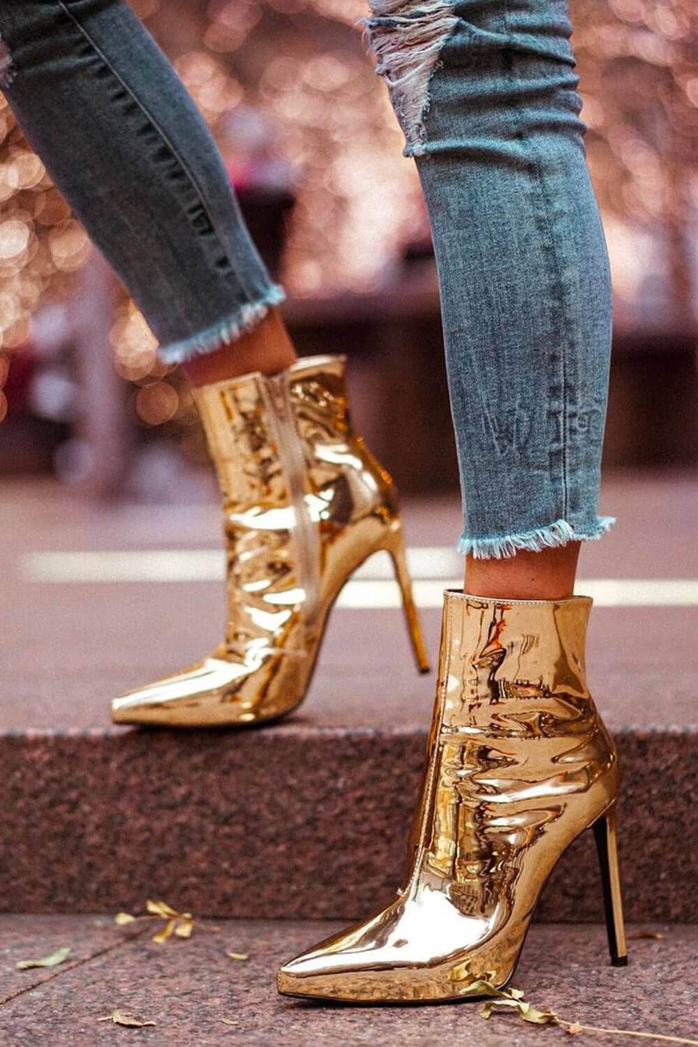 Metallic Gold Pointed Stiletto Heeled Ankle Boots -