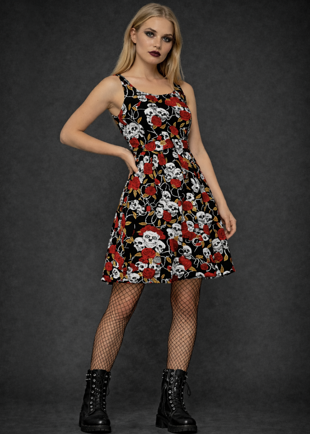 Gothic Red Roses and Skulls Dress - Black