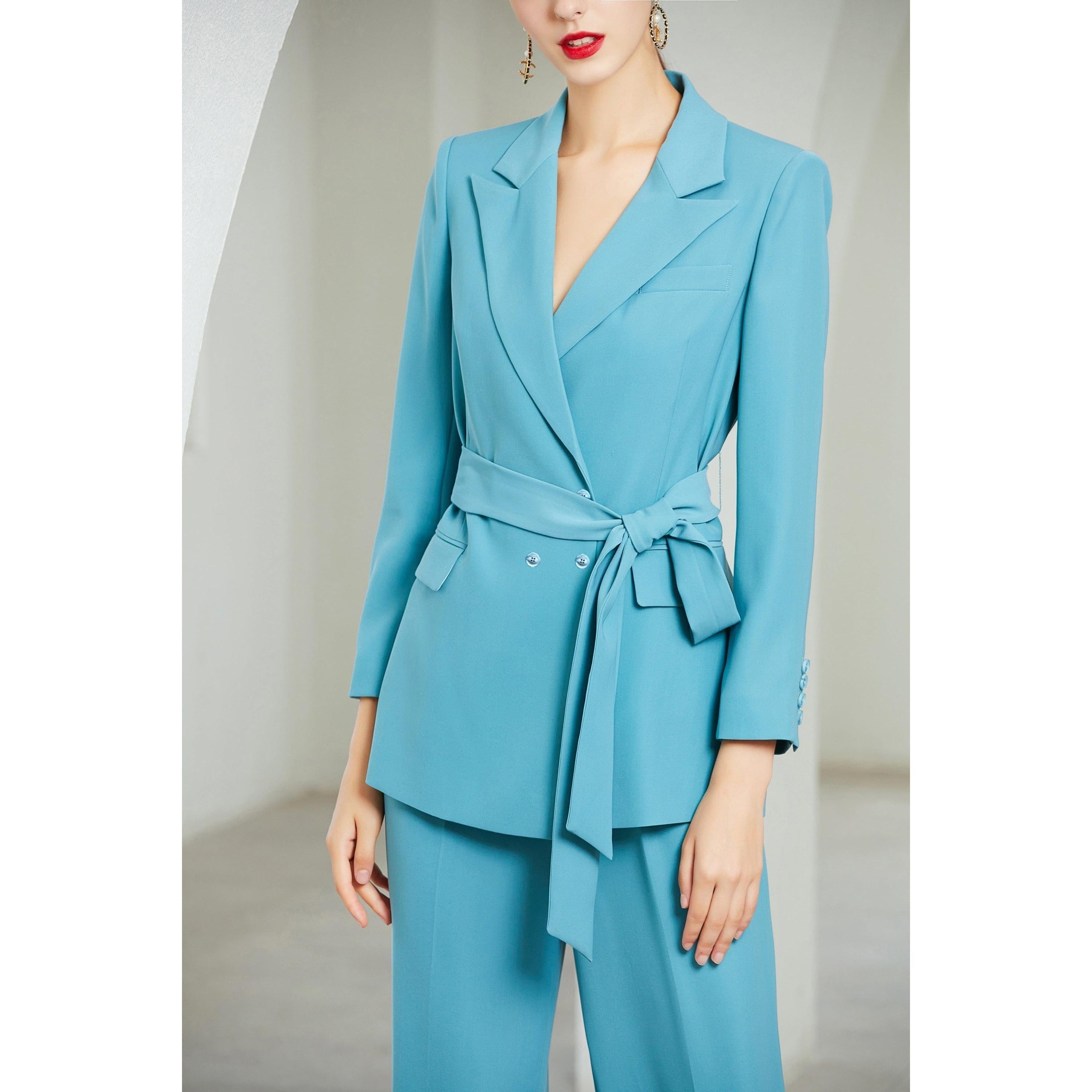 SoloveDress Women's Piece Blue Solid Suit Peak Lapel Double Breasted Pants Set Blazer+Pants - Blue