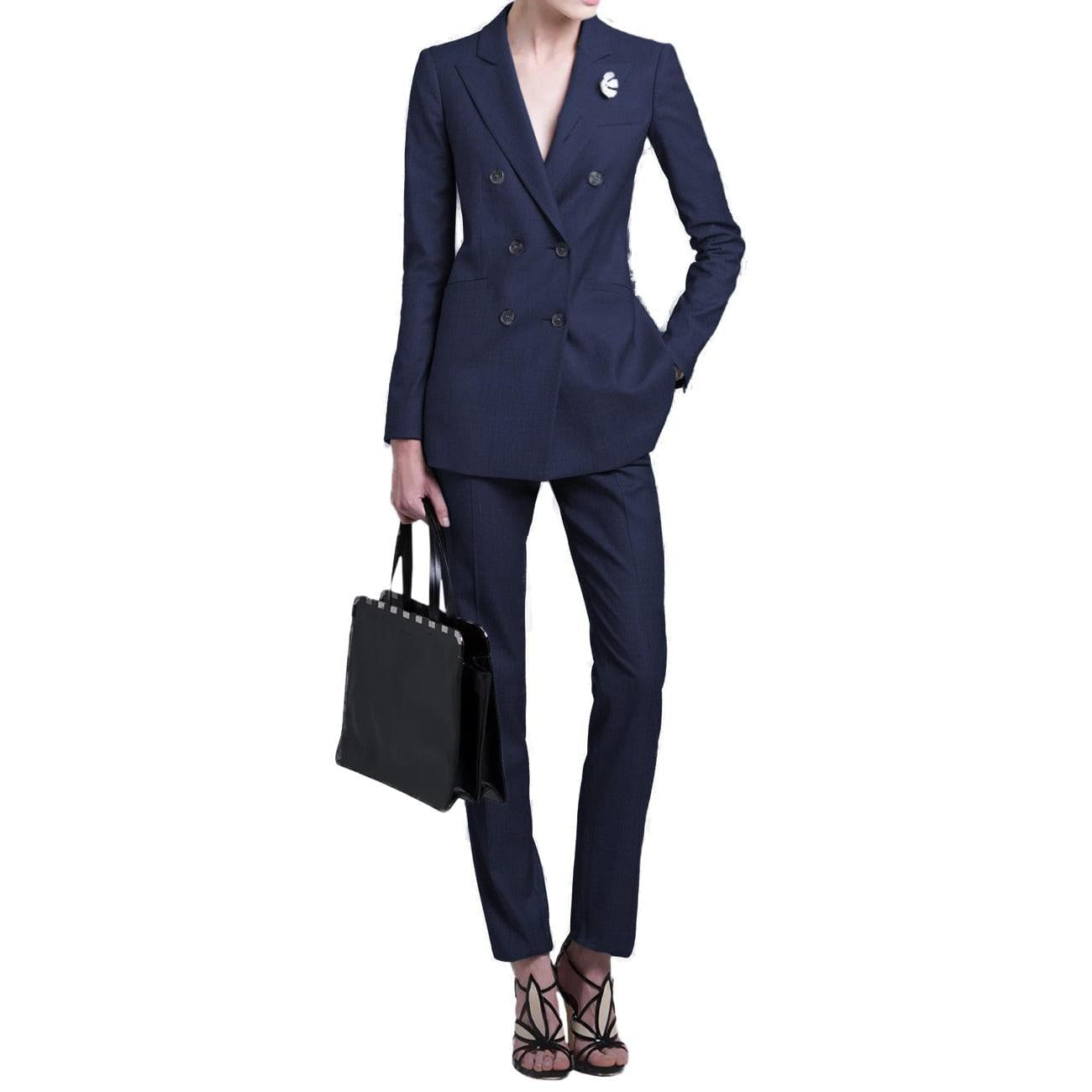 SoloveDress Women's Piece Solid Suit Peak Lapel Double Breasted Pants Set Blazer+Pants - Navy