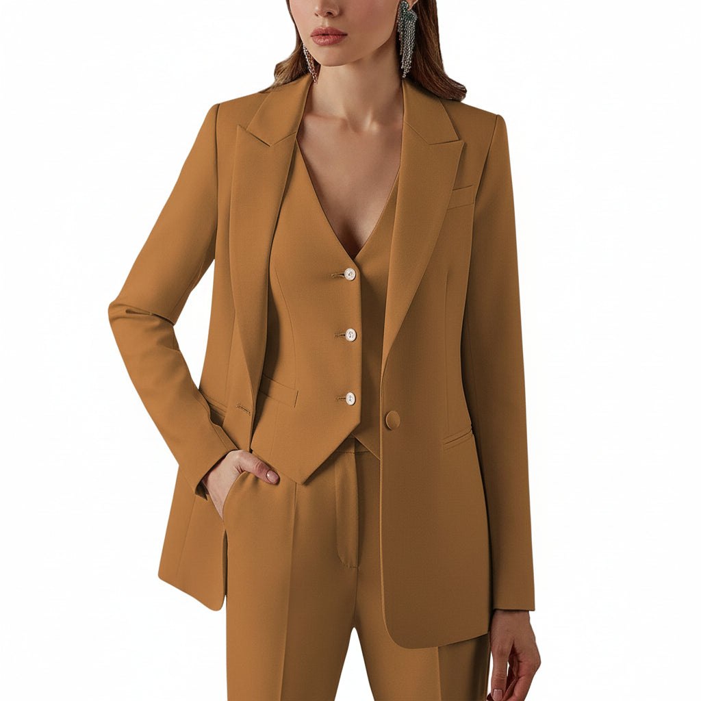 SoloveDress Women's Piece Solid Peak Lapel Single Button Suit Blazer+Vest+Pants - Brown