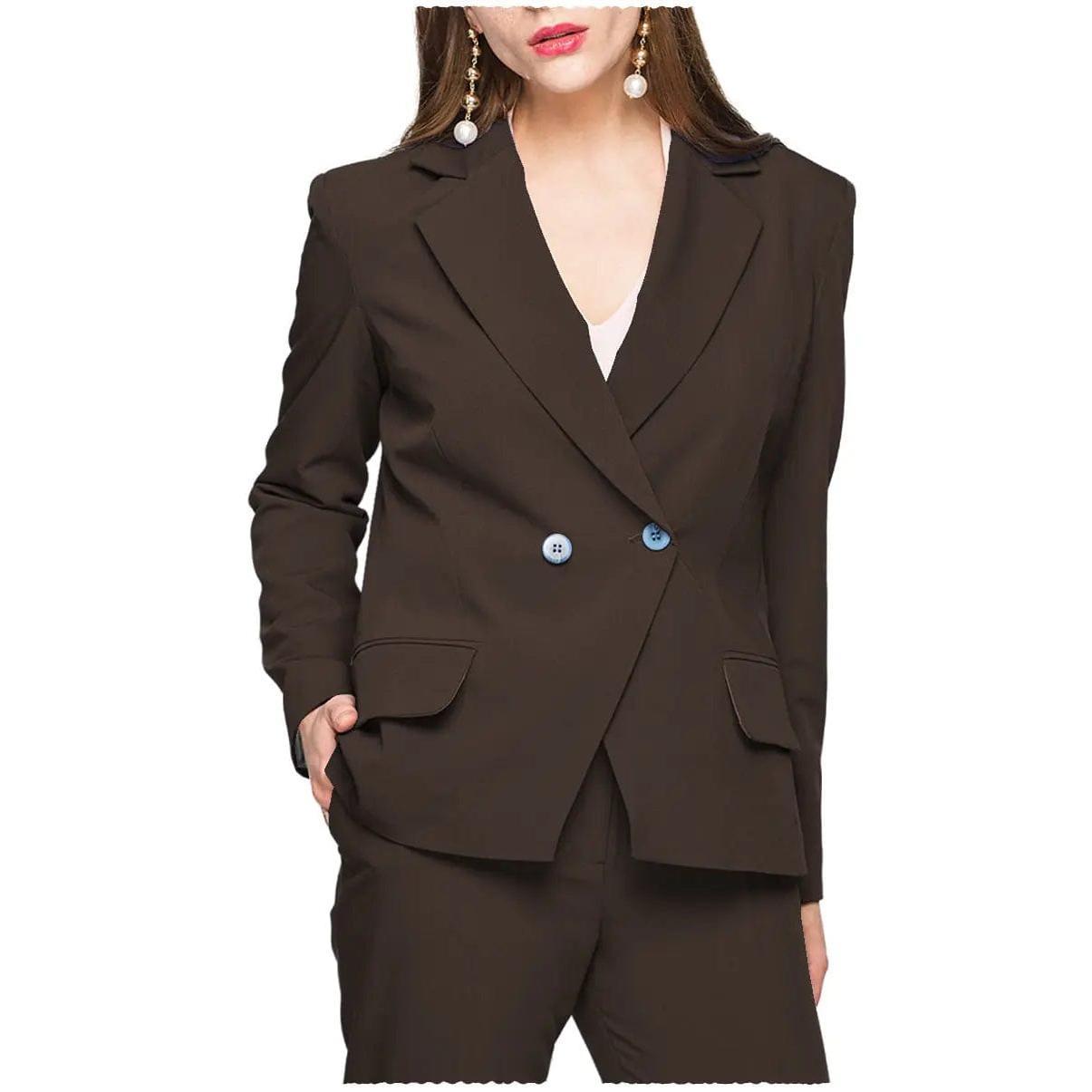 SoloveDress Women's Piece Solid Suit Notch Lapel Single Button Pants Set Blazer+Pants - Coffee
