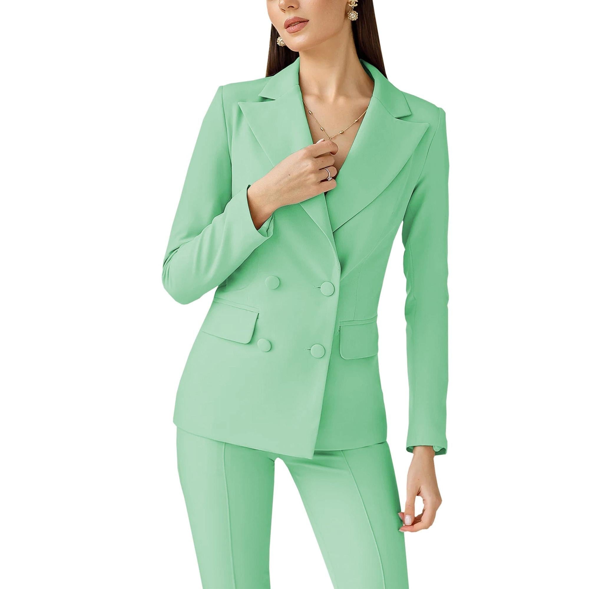 SoloveDress Women's Piece Solid Suit Peak Lapel Double Breasted Pants Set Blazer+Pants - Mint Green