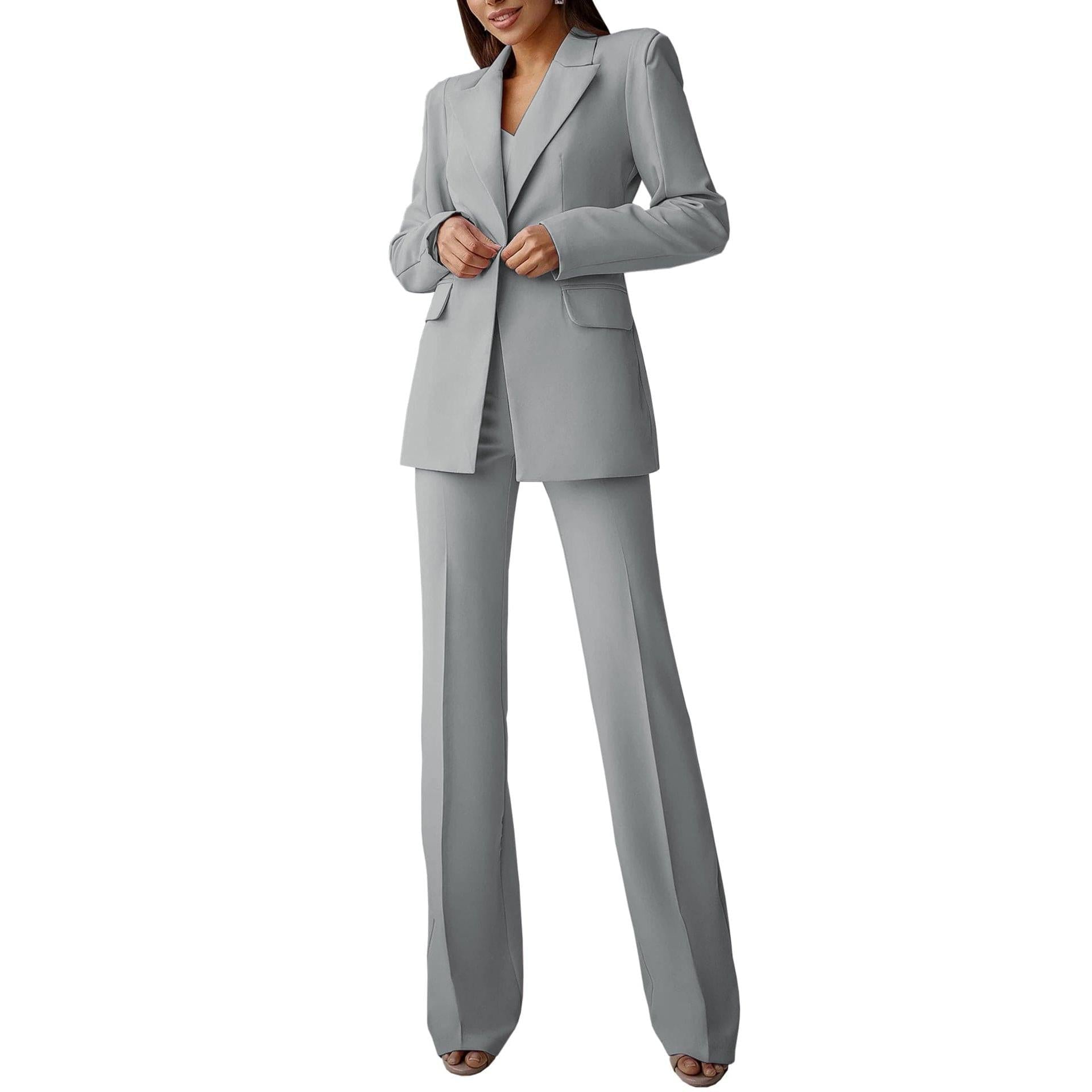 SoloveDress Women's Piece Solid Suit Peak Lapel Single Button Pants Set Blazer+Pants - Silver
