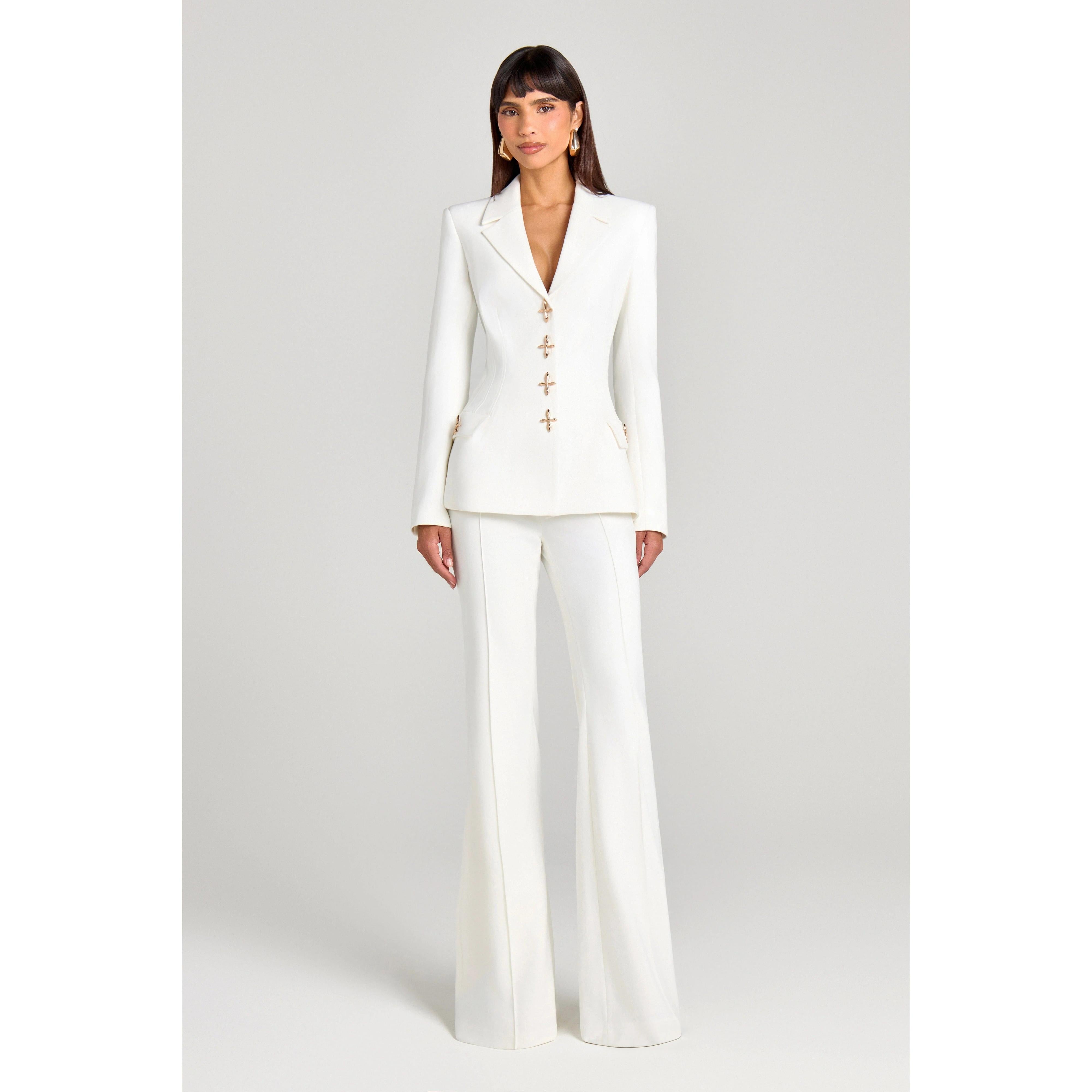 SoloveDress Women's Piece White Solid Suit Peak Lapel Single Button Pants Set Blazer+Pants - White