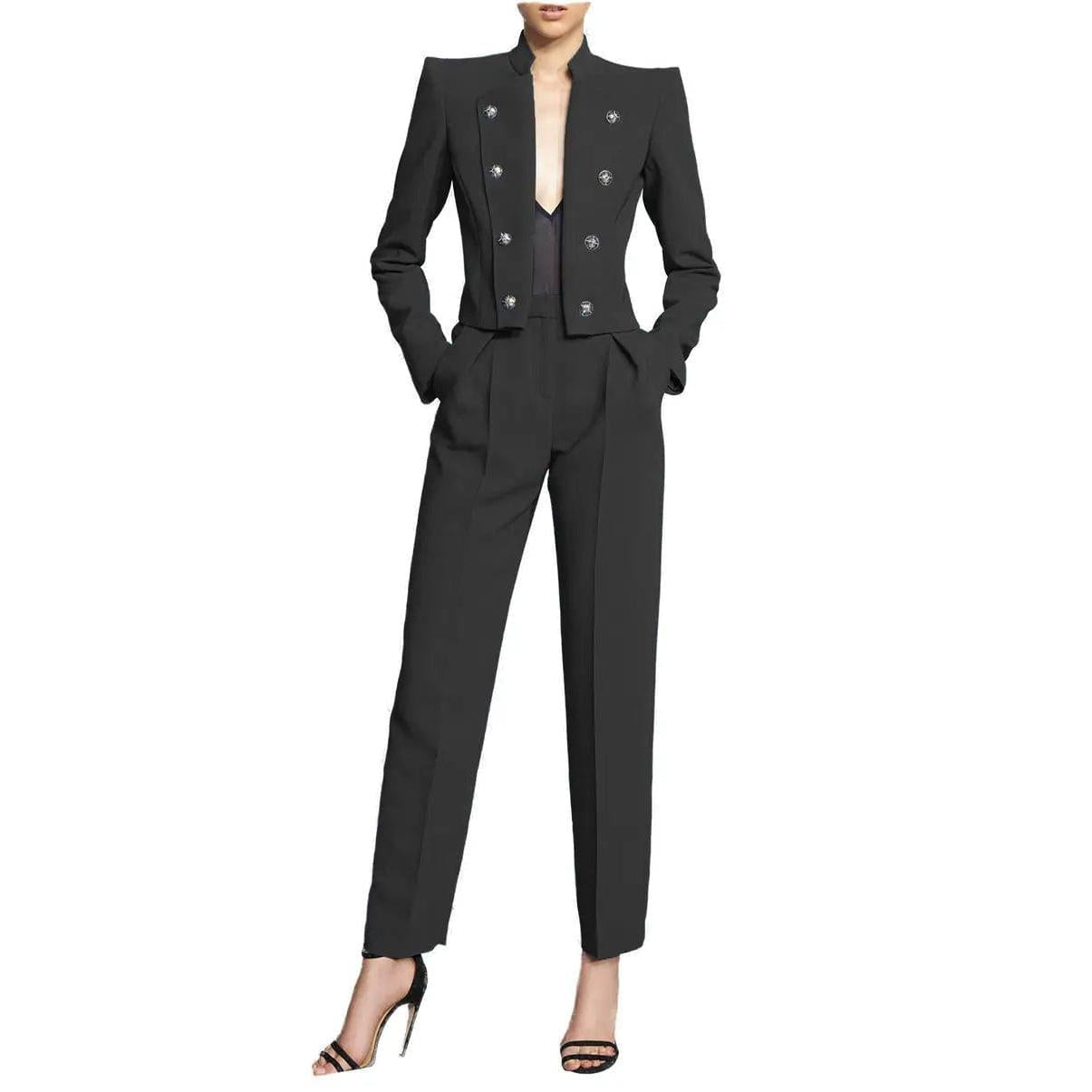 SoloveDress Women's Piece Solid Suit Stand Collar Single Button Pants Set Blazer+Pants - Black
