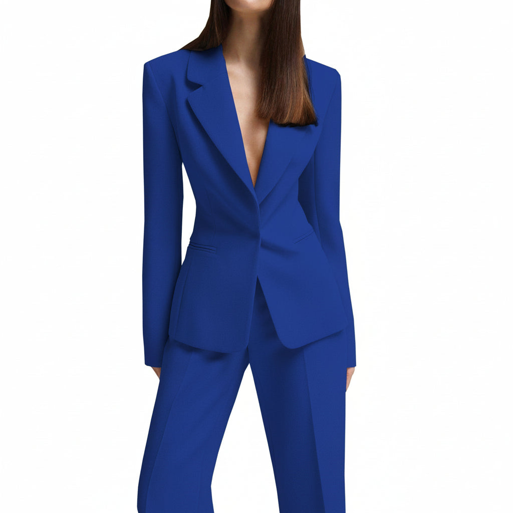 SoloveDress Women's Piece Solid Suit Notch Lapel Hidden Button Pants Set Blazer+Pants - Royal Blue