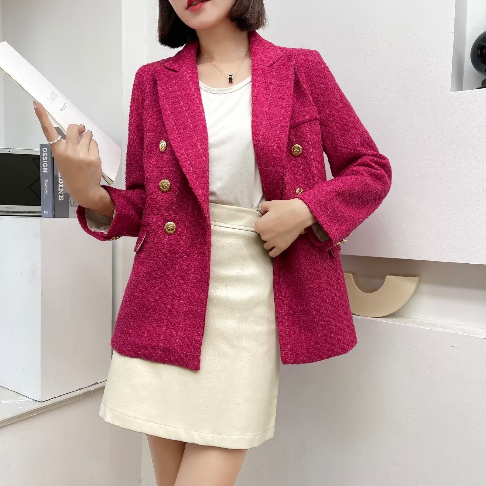 SoloveDress Women's Plaid Double Breasted Peak Lapel Tweed Blazer - Red