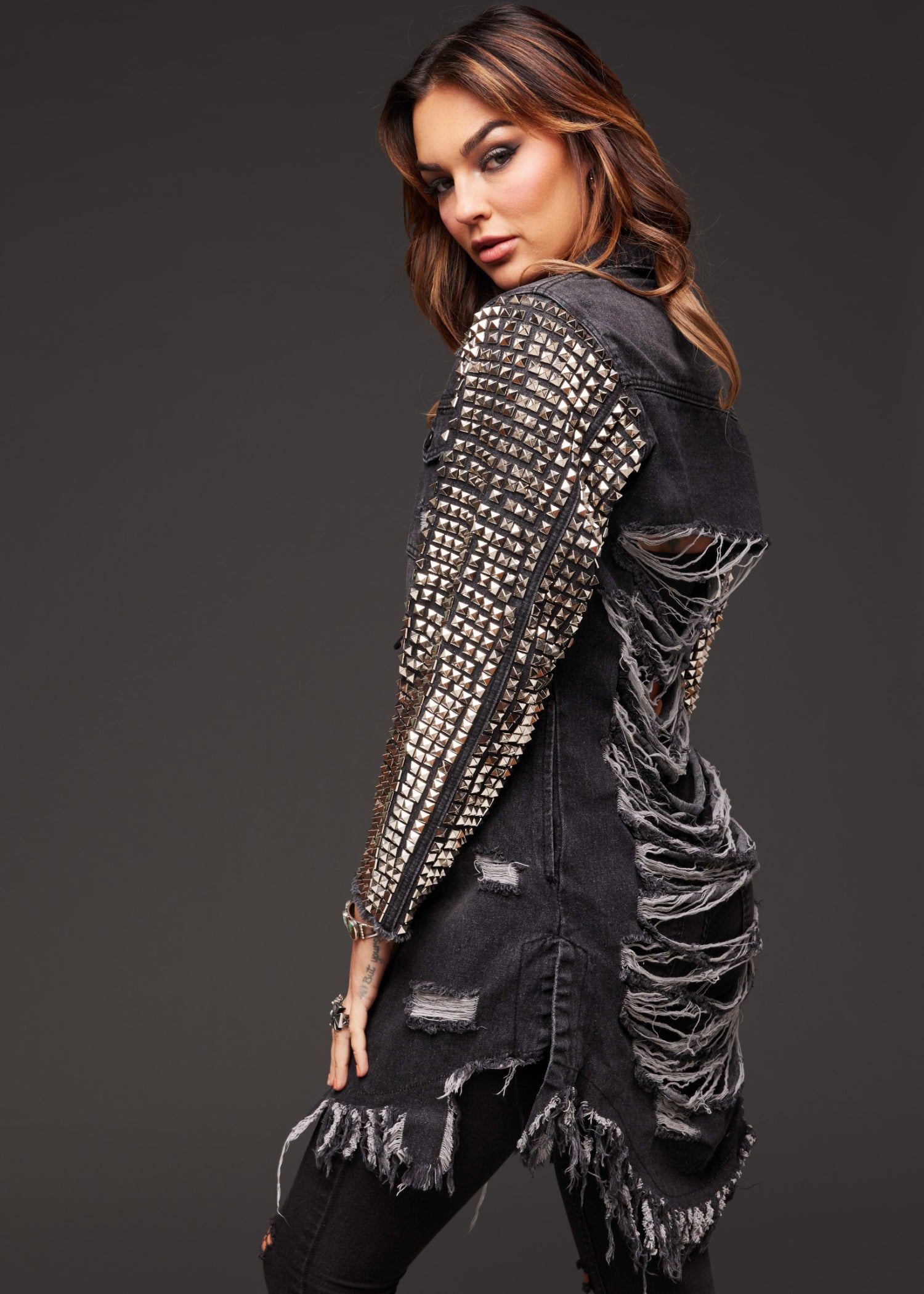 Ripped Denim Coat Jacket with Studs - S Black