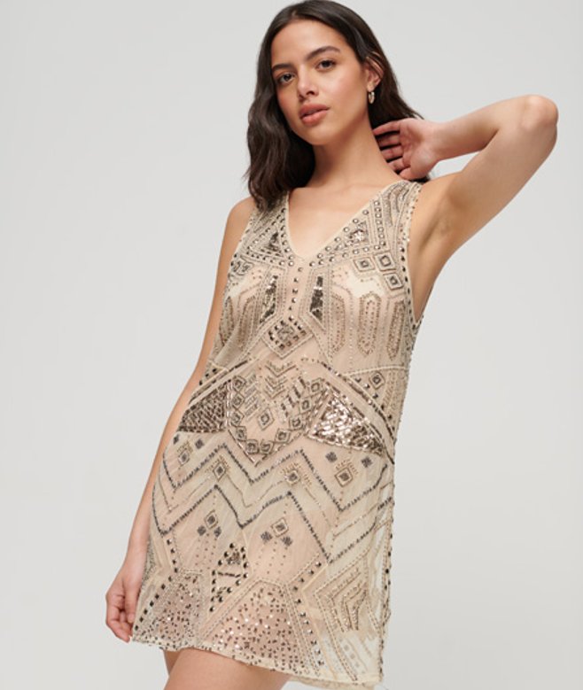 Superdry Women's Women's Embellished V Neck Mini Dress Cream Urban Cream