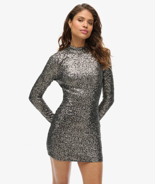 Superdry Women's Sequinned Mock Neck Mini Dress Silver