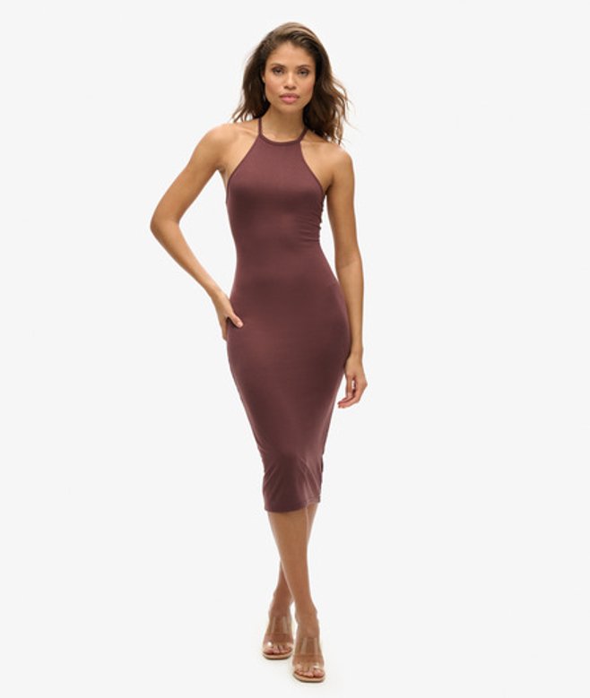 Superdry Women's Women's Halter Neck Strappy Back Midi Dress Brown Black Coffee Brown