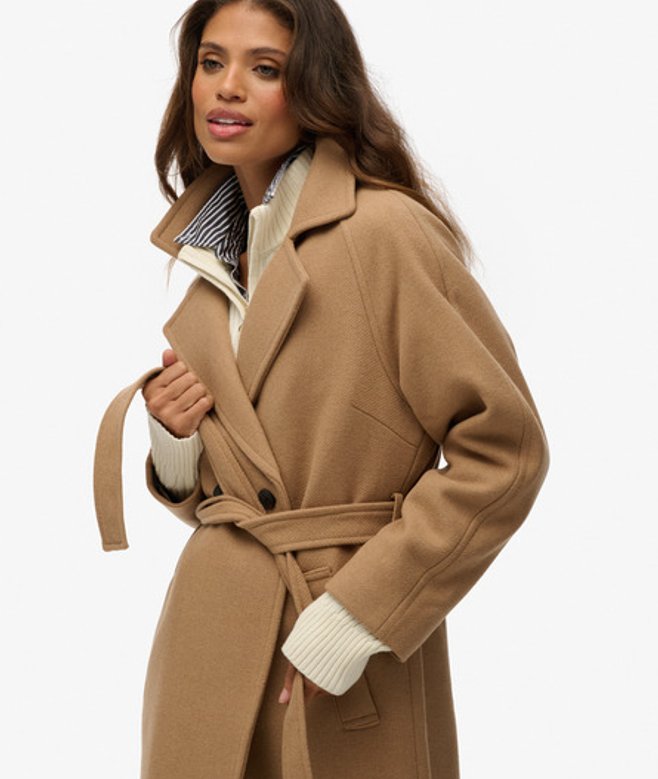 Superdry Women's Relaxed Long Wool Blend Coat Brown