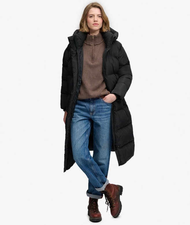 Superdry Women's Longline Hooded Puffer Coat Black