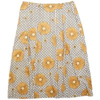 Womens White & Yellow Floral A-Line Midi Polyester Blend Skirt M Vintage Style