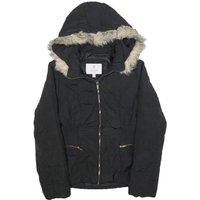 GUESS Womens Black Puffer Jacket L Polyester Hooded Zip Winter Coat Warm