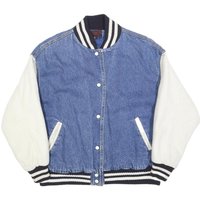 PATINA Womens Blue & White Cotton Blend Bomber Jacket M Button Plain Casual