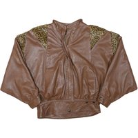 Womens Brown Leather Leopard Print Panel Zip Bomber Jacket S Soft Comfortable