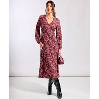 Red Floral Printed Long Sleeve Midi Dress