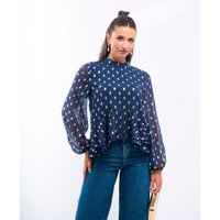 Navy Foil Ruffle Blouse