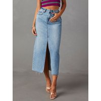 Raw Hem Front Slit Denim Midi Skirt