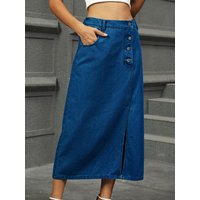 Slit Button Detail Denim Midi Skirt