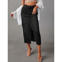 Raw Hem Front Slit Denim Midi Skirt