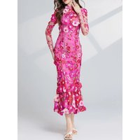 Floral Embroidered Mesh Long Sleeve Midi Dress