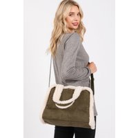 Fleece Trimmed Solid Tote And Crossbody Bag
