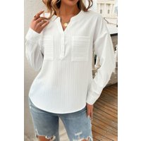 Solid Buttons V Neck Elegant Front Pockets Blouse