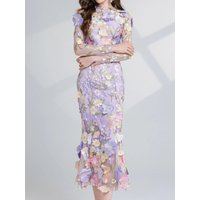 Floral Embroidered Mesh Long Sleeve Midi Dress