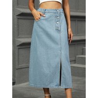 Slit Button Detail Denim Midi Skirt