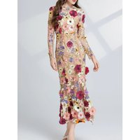 Floral Embroidered Mesh Long Sleeve Midi Dress