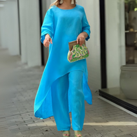 Womens Two Piece Set Dress Suit for Women Long Sleeve Cotton Linen Irregular Solid Crewneck Daily Wear Summer Set