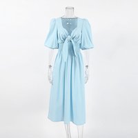 Tie Front Puff Sleeve Vacation Midi Dress