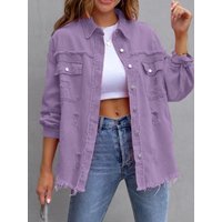 Women's Plain Ripped Raw Hem Button Front Drop Shoulder Coat, Casual Chic Pocket Long Sleeve Collared Outerwear for Daily Wear, Jackets